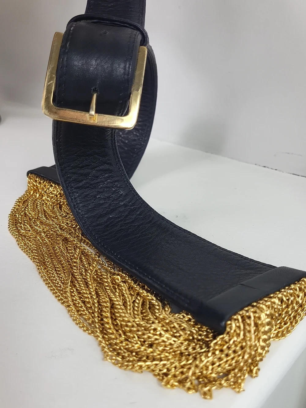 B-low the belt buttery soft Black Leather and Gold Chain Fringe Belt. Size S